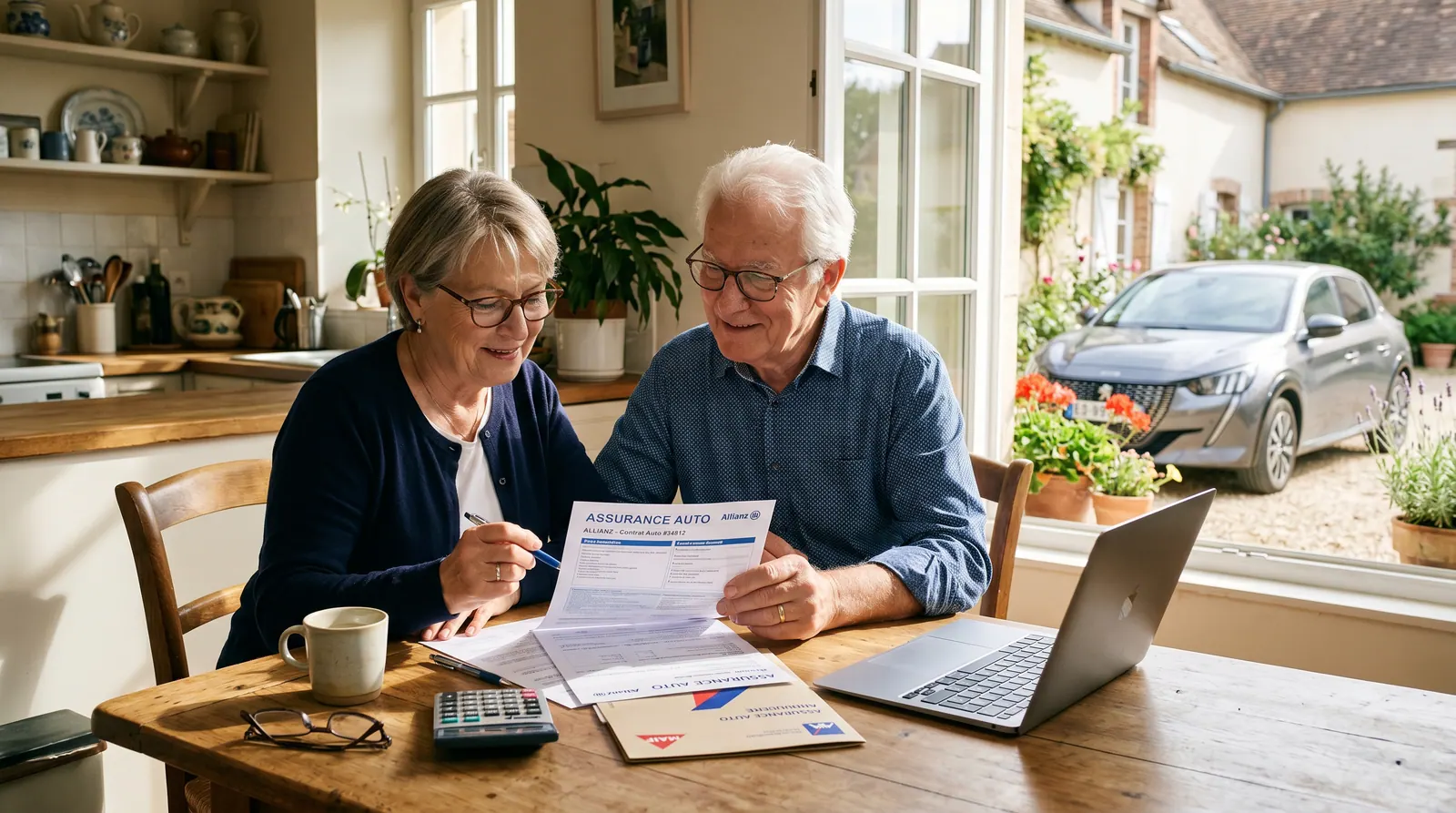 Couple de seniors comparant un contrat d'assurance auto à la maison avec calculatrice et ordinateur portable
