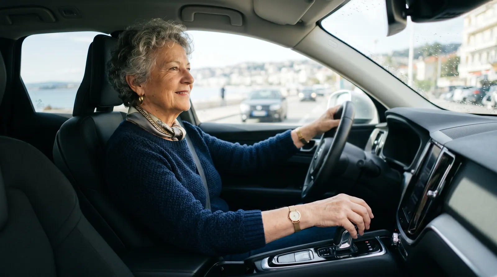 Conductrice senior au volant d'une voiture à boîte automatique, main posée sur le levier de vitesses