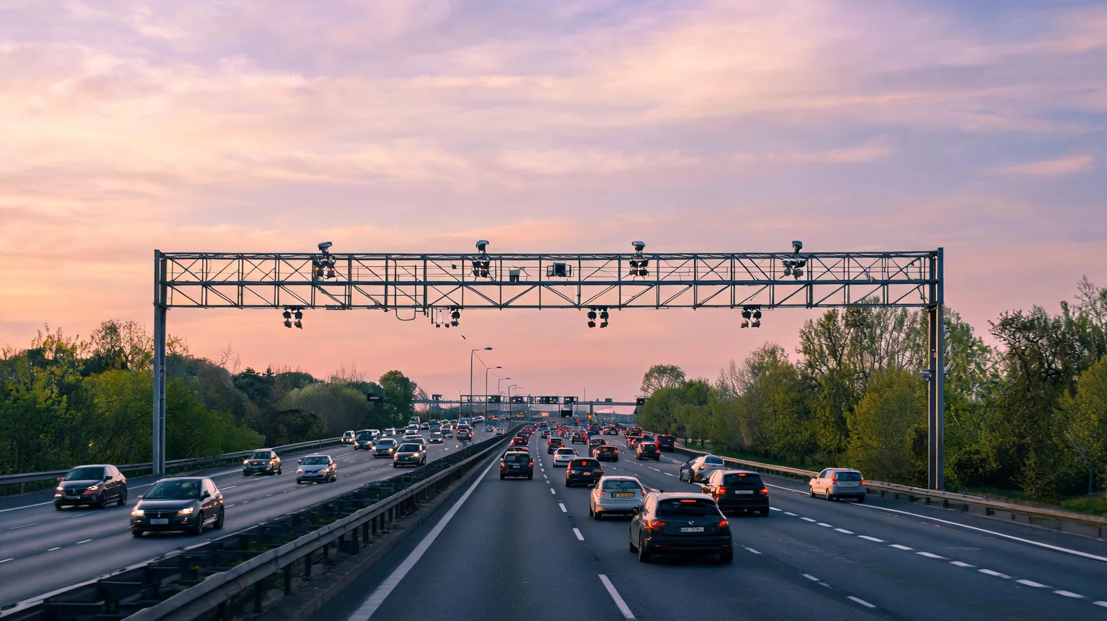 Portique de péage en flux libre sur autoroute A13 sans barriere avec caméras de lecture de plaques