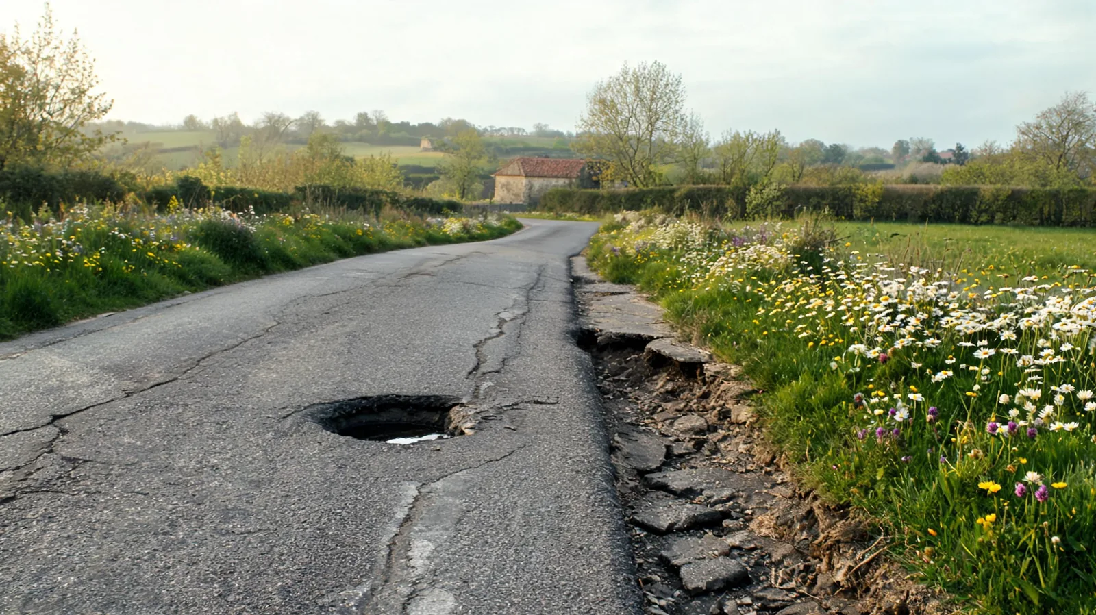 Route départementale française avec affaissement et nid de poule sur la chaussee en zone rurale
