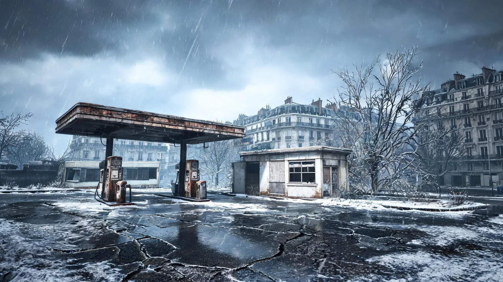 Ancienne station-service rurale fermée en milieu de campagne française par temps gris